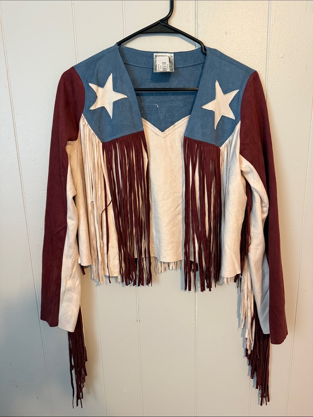 Fringed Western Star Leather Jacket - Blue, Cream & Burgundy